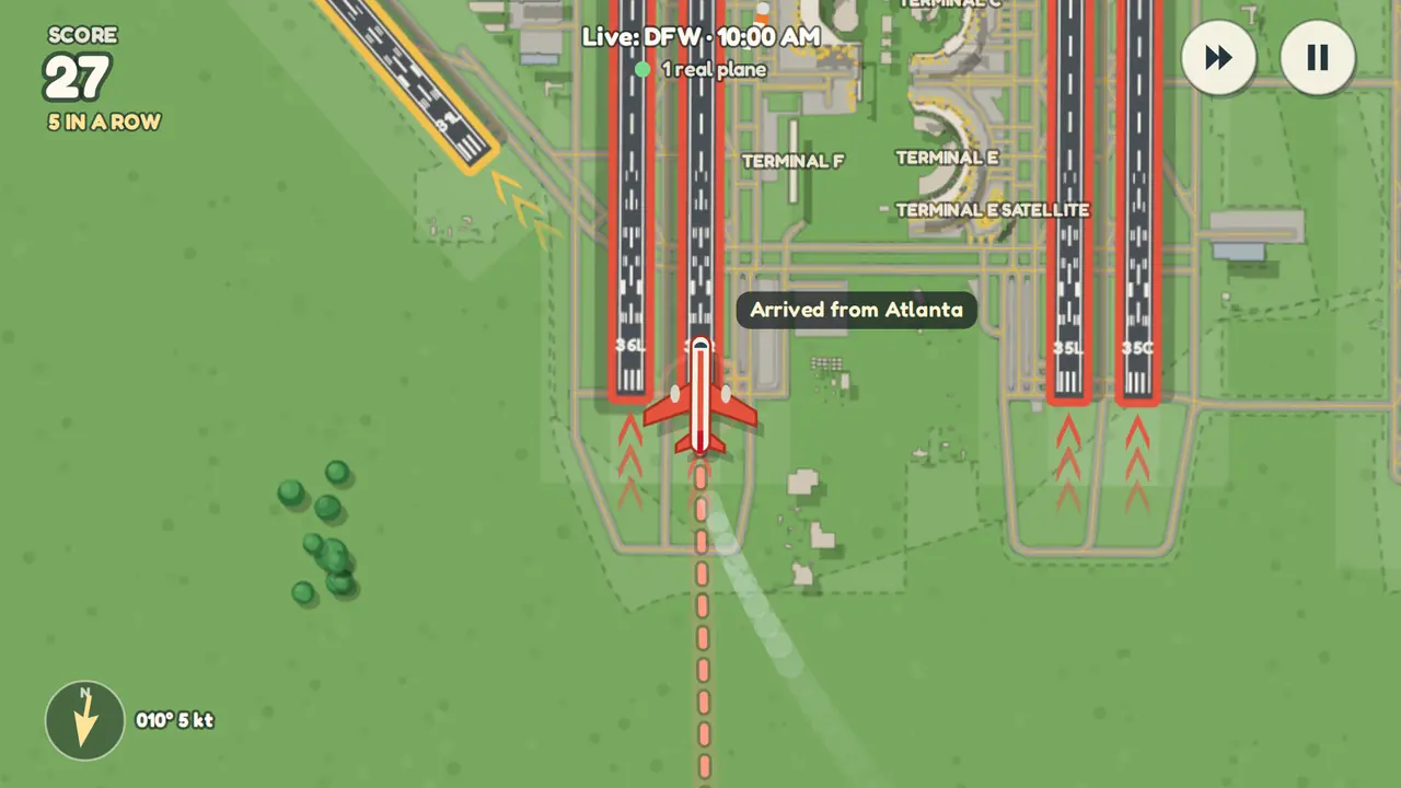 A real plane has just landed on a runway at Dallas Fort Worth, with the note Arrived from Atlanta beside it.